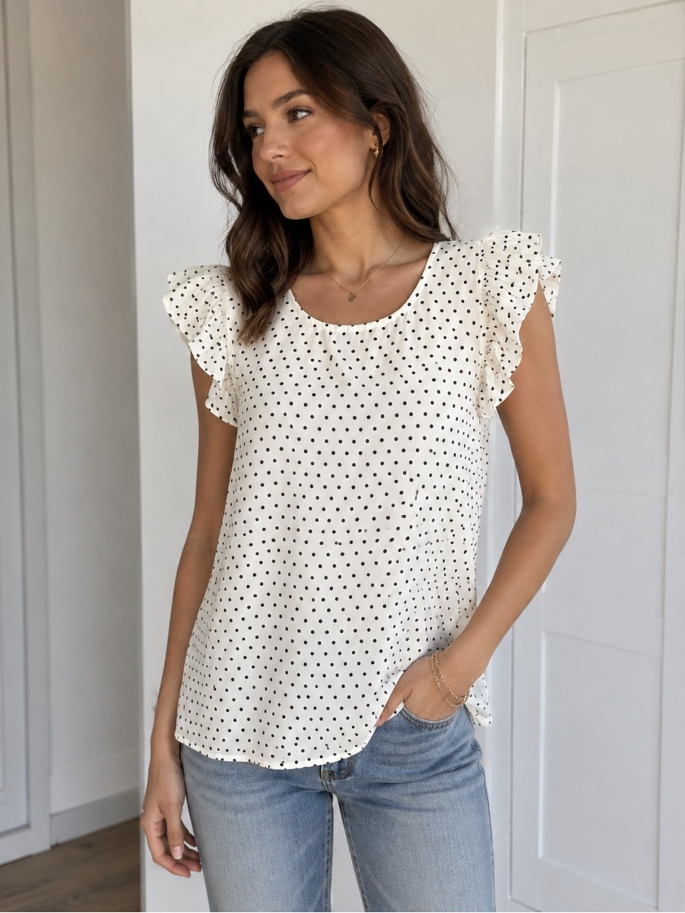 Adrianna Papell White Polka Dot Pleated Sleeve Top Size-X-Small Parisian Chic